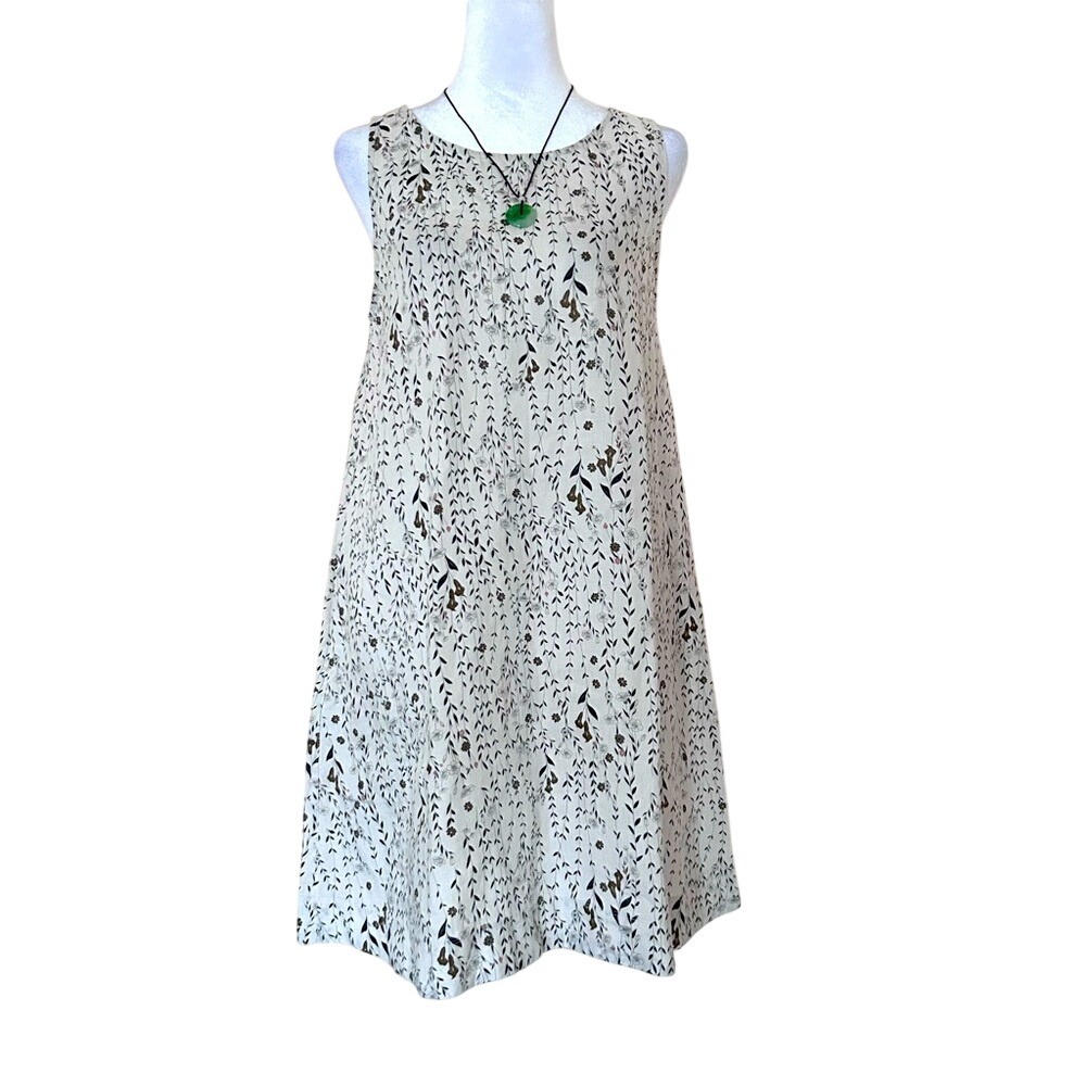 Rachel Zoe Shift Dress‎ Womens S Cream Floral 100% Linen Sleeveless Pockets Boho